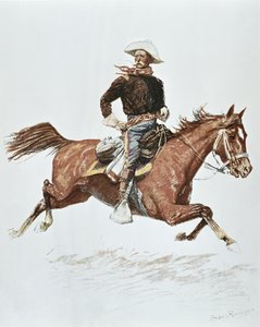 身着 1870 年代运动服的美国骑兵军官（彩色石版画）