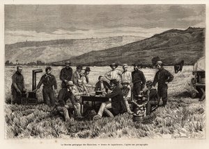 美国的地质考察团在平原上很年轻，是根据Laguillermie的图画蚀刻的，该图说明了1870年至1872年由Hayden、Doane和Langford先生通过美国国家公园进行的一系列地理考察，并出版了。