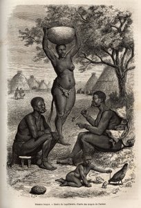 妇女邦戈（苏丹中部）的类型和活动，以及她们戴在耳朵和嘴唇上的金属装饰品、铃铛和订书钉，根据 Laguillermie 的绘画雕刻，描绘了 1868-1871 年前往非洲中心的旅程，由 Dr. . 乔治