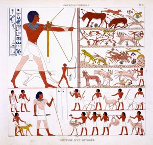 来自底比斯壁画的罕见记录中的狩猎场景记录了1819  -  1822年弗雷德里克·凯利亚德（Frederic Cailliaud，1787-1869）第二次访问埃及时的彩色石版画