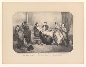 室内的一组男女
Les maris garçons / Die freien Männer / Bachelor hubants（物品上的标题） 作者 弗雷德里克·查尔斯·温策尔（可能）