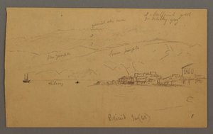 素描，有房屋的海湾，背后的山脉，1868 年 1 月 作者 弗雷德里克·埃德温·丘奇