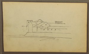 素描，教堂，塔楼；背面：独木舟上的人物，植物素描，1857 年 作者 弗雷德里克·埃德温·丘奇