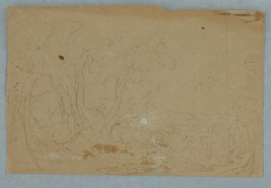 素描，丘陵地貌上的阴天；背面：小溪中倒映的满月，1845-50 年 作者 弗雷德里克·埃德温·丘奇