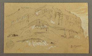 绘图，阿拉伯也门山谷：  岩壁，1868 年 2 月 20 日 作者 弗雷德里克·埃德温·丘奇