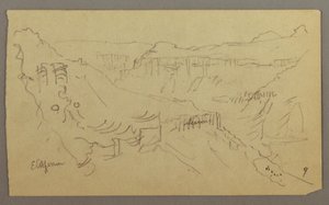 绘图，阿拉伯也门山谷：蜿蜒山谷与商队的景色，1868 年 2 月 20 日 作者 弗雷德里克·埃德温·丘奇