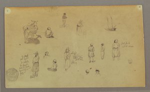 素描，人物研究，驮驴，帆船，可能创作于 1868 年 作者 弗雷德里克·埃德温·丘奇