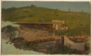绘图，纽约卡茨基尔附近有高架桥和废旧磨坊的小山，约 1865 年 作者 弗雷德里克·埃德温·丘奇