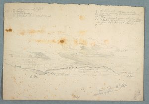素描，《哈德逊河谷的风景》；背面：带树廊的教堂素描，1870 年 6 月 14 日 作者 弗雷德里克·埃德温·丘奇