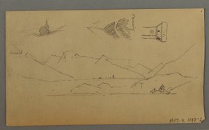 素描，中世纪城堡，双塔，人物研究，图恩附近，可能创作于 1868 年 作者 弗雷德里克·埃德温·丘奇