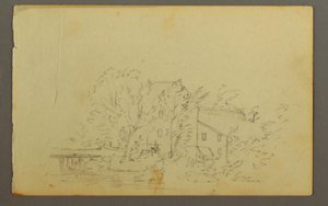 绘图，树木环绕的磨坊，1845 年 作者 弗雷德里克·埃德温·丘奇