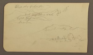 素描，山脉，库奥特拉，教堂；背面：卧马，风景注释，1885 年 2 月 作者 弗雷德里克·埃德温·丘奇