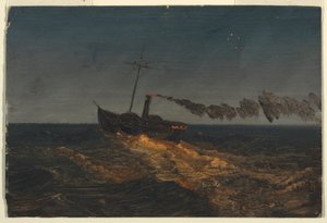 图画，黄昏中的桨式蒸汽船，约 1853 年 作者 弗雷德里克·埃德温·丘奇