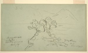 绘图，帕埃斯图姆的部分古城墙，上面生长着橄榄树，1869 年 4 月 作者 弗雷德里克·埃德温·丘奇