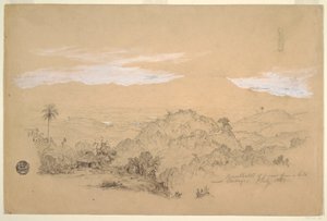素描，《从哥伦比亚卡塔戈附近的山上俯瞰风景的回忆》，一位头顶水罐的妇女，1853 年 7 月 作者 弗雷德里克·埃德温·丘奇