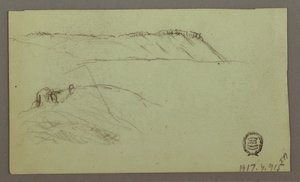 素描，城墙环绕的废墟，帐篷，两个人物研究，1868 年 4 月 28 日 作者 弗雷德里克·埃德温·丘奇