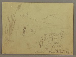 素描，意大利素描：有塔、山和人的建筑，1869 年 4 月 29 日 作者 弗雷德里克·埃德温·丘奇