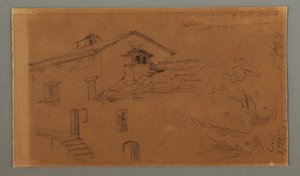 素描，两座房子，岩石，可能创作于 1868 年 作者 弗雷德里克·埃德温·丘奇
