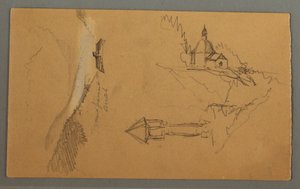 绘画，山谷、塔楼、教堂，可能创作于 1868 年 作者 弗雷德里克·埃德温·丘奇