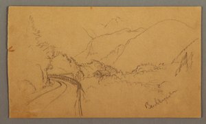 绘图，蜿蜒的山谷之路，房屋，可能创作于 1868 年 作者 弗雷德里克·埃德温·丘奇