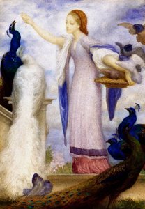 "Jene fille nourrissant les paons"，她的打扮古色古香。弗雷德里克-莱顿勋爵（1830-1896 年）（先驱派）的画作 作者 弗雷德里克·莱顿