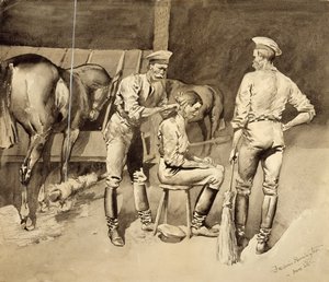 骑兵稳定的头发，c.1893（纸上wc） 作者 弗雷德里克·雷明顿