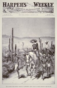 阿帕奇童子军带领军队巡逻队追击杰罗尼莫（1829-1909），摘自《哈珀周刊》1886年1月9日（平版）。 作者 弗雷德里克·雷明顿