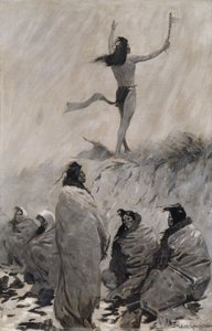 食火者向雷鸟举起双臂》，约1900年。 作者 弗雷德里克·雷明顿