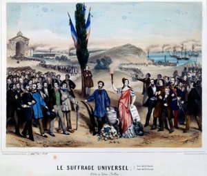 普选的寓言亚历山大·奥古斯特·莱德鲁-罗林 (Ledru Rollin) (1807-1874) 莱德鲁·罗林 (Ledru Rollin)，1848 年总统大选候选人，是自由自由党 (Arbre de la Liberte) 的支持者，他赞成普选， 已确立的