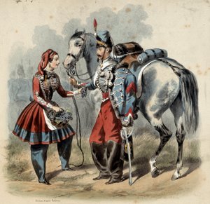 法国军队及其小酒馆：Hussard 和 cantiniere de troupe de line。 弗雷德里克·索里厄 (Frederic Sorrieu) 的雕刻 (1807 -? )