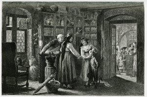 At the pharmacist of the village of Kaysersberg (or Kaisersberg, Alsace), an emergency consultation. Engraving by F.Lix, to illustrate the story “Through Alsace and Lorraine””, in 1884, by Charles Grad (1842-1890), German depute, writer and naturalist. Pub 作者 弗雷德里克·西奥多·利克斯
