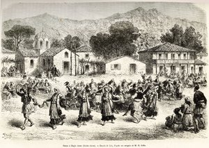 村庄广场上的民间舞蹈Haggia Anna (St. Anne)。根据利克斯的画作绘制的版画，用于说明亨利-贝尔1861-1868-1874年在希腊的航行，发表于《世界之旅》1876年，由爱德华-沙顿编辑，巴黎哈谢特版。 作者 弗雷德里克·西奥多·利克斯