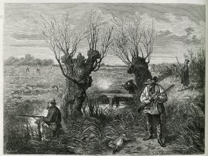 狩猎野兔。 F.Lix的版画，以阐释1884年查尔斯·格拉德（Charles Grad）的故事“穿越阿尔萨斯和洛林” 作者 弗雷德里克·西奥多·利克斯