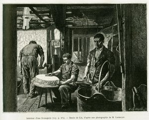 一家奶酪厂内。利克斯的雕刻作品，为德国人查尔斯-格拉德于1885年创作的《穿越阿尔萨斯和洛林》的故事作插图，收录在1887年的《世界之旅》中，由爱德华-沙尔东（1807-1890）指导，巴黎哈谢特出版社。