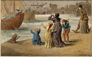 流行歌曲。"A Nantes est arrive"。孩子们哀悼他们的大海，被一个水手带走了。弗雷德里克-西奥多-利克斯（Frederic Theodore Lix，1830-1897）在 "法国各省的儿童歌谣和圆舞曲 "中的插图（细节）。 作者 弗雷德里克·西奥多·利克斯