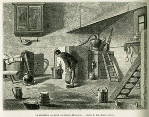 伊森堡城堡的基尔希酒蒸馏过程。利克斯的版画，为1887年德国副总统查尔斯-格拉德在爱德华-沙尔东（1807-1890）导演的1888年世界之旅的故事《穿越阿尔萨斯和洛林》作插图，巴黎哈谢特出版社。
