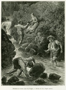 孚日地区的鳟鱼渔民。利克斯的版画，为德国人查尔斯-格拉德于1885年创作的《穿越阿尔萨斯和洛林》的故事作插图，收录在1887年的《世界之旅》中，由爱德华-查顿（1807-1890）指导，巴黎哈谢特出版社。