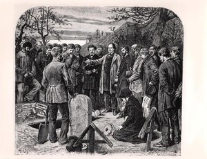 维克多-雨果（1802-85）在根西岛为流亡的同伴发表葬礼演说，约1880年（雕刻）（黑白照片）。 作者 弗雷德里克·西奥多·利克斯