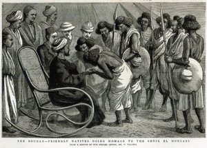 Soudan：1884年4月19日“雕刻”中的“The Graphic”向Sheik el Morgani致敬的友好本地人 作者 Frederic Villiers