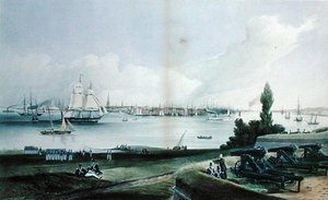 从总督岛看纽约，由亨利-帕普里尔（Fl.1846-48）雕刻的（雕刻）。 作者 弗雷德里克（后）凯瑟伍德