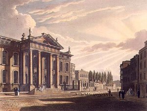 克拉伦登印刷厂的外观，来自《牛津历史》的插图，由Joseph Constantine Stadler（fl.1780-1812）雕刻，由R. Ackermann出版。
