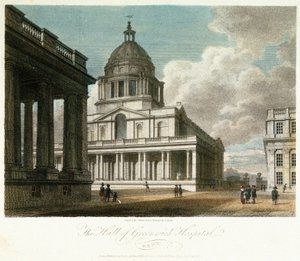 格林威治医院（英格兰肯特郡）景观，描述威廉国王（William）宫廷的穹顶和东北角，后面绘有大厅的北立面，以及玛丽王后庭院和小教堂的一部分 作者 弗雷德里克·纳什（后）