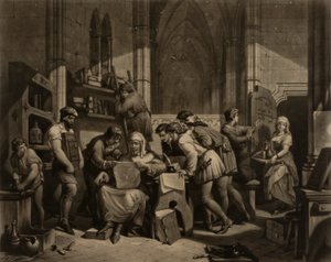 威廉-卡克斯顿（William Caxton）在威斯敏斯特大教堂的印刷机上检查第一张样张，公元 1474 年 作者 弗雷德里克·培根