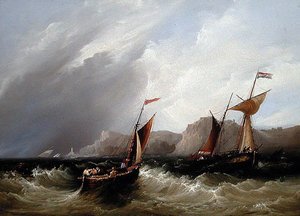 岩石海岸线上的船只（板上油画） 作者 弗雷德里克·卡尔弗特（Frederick Calvert）