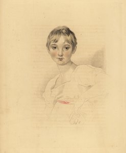 露西·梅雷迪思 (Lucy Meredith) 的肖像，托马斯·劳伦斯爵士的侄女。 穿着粉红色丝带腰带的白色连衣裙的青春期前的年轻女孩。 弗雷德里克·克里斯蒂安·刘易斯 (Frederick Christian Lewis) 在 P.G. 的托马斯·劳伦斯爵士 (Sir Thomas Lawrence) 绘制插图后手工着色雕刻。 帕特莫尔的宝石柜，阿克曼