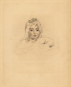 玛丽·伊莎贝拉·布洛沙姆 (Mary Isabella Bloxam) 的肖像，托马斯·劳伦斯爵士的侄女。 在带丝带的帽子里。 弗雷德里克·克里斯蒂安·刘易斯 (Frederick Christian Lewis) 在 P.G. 的托马斯·劳伦斯爵士 (Sir Thomas Lawrence) 绘制插图后手工着色雕刻。 帕特莫尔的宝石柜，阿克曼，伦敦