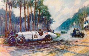 1921 年，吉米-墨菲（Jimmy Murphy）的杜森伯格（Duesenberg）赛车在勒芒赛道上取得成功，这是美国首次在大奖赛中取得成功（彩色石版）。