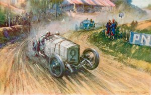 1914 年大奖赛期间，德国梅赛德斯车队的劳滕施拉格和法国标致车队的博约特展开激烈角逐（彩色石版印刷）。