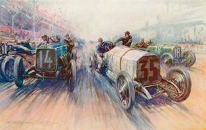 劳滕施拉格驾驶白色梅赛德斯参加 1908 年大奖赛，在这场比赛中消耗了大量轮胎（彩色石版）。
