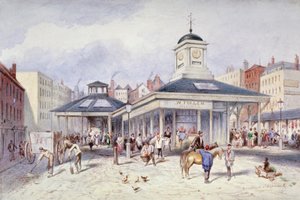 伦敦市帕特诺斯特广场的新门市场景观，1836年。                                  